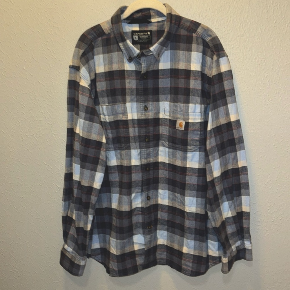 Carhartt Rugged Relaxed Fit Button Down Shirt Gray Black Workwear Men’s Size XL